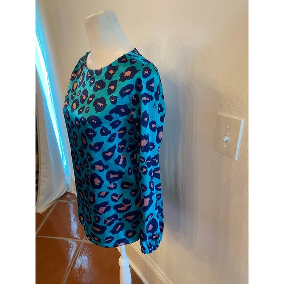 Tracy Negoshian satin teal animal leopard print Blouse XS - Picture 2 of 4
